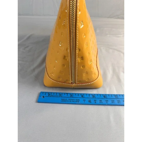 Arcadia Italy Patent Leather Satchel Mustard Yellow Embossed Handbag - Picture 4 of 13